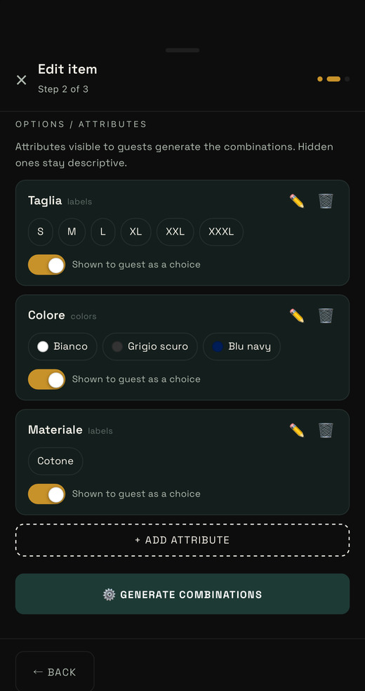 Taglie, colori, materiali