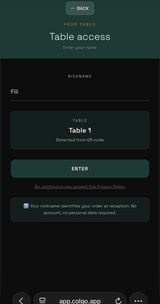 Il tavolo viene rilevato dal QR